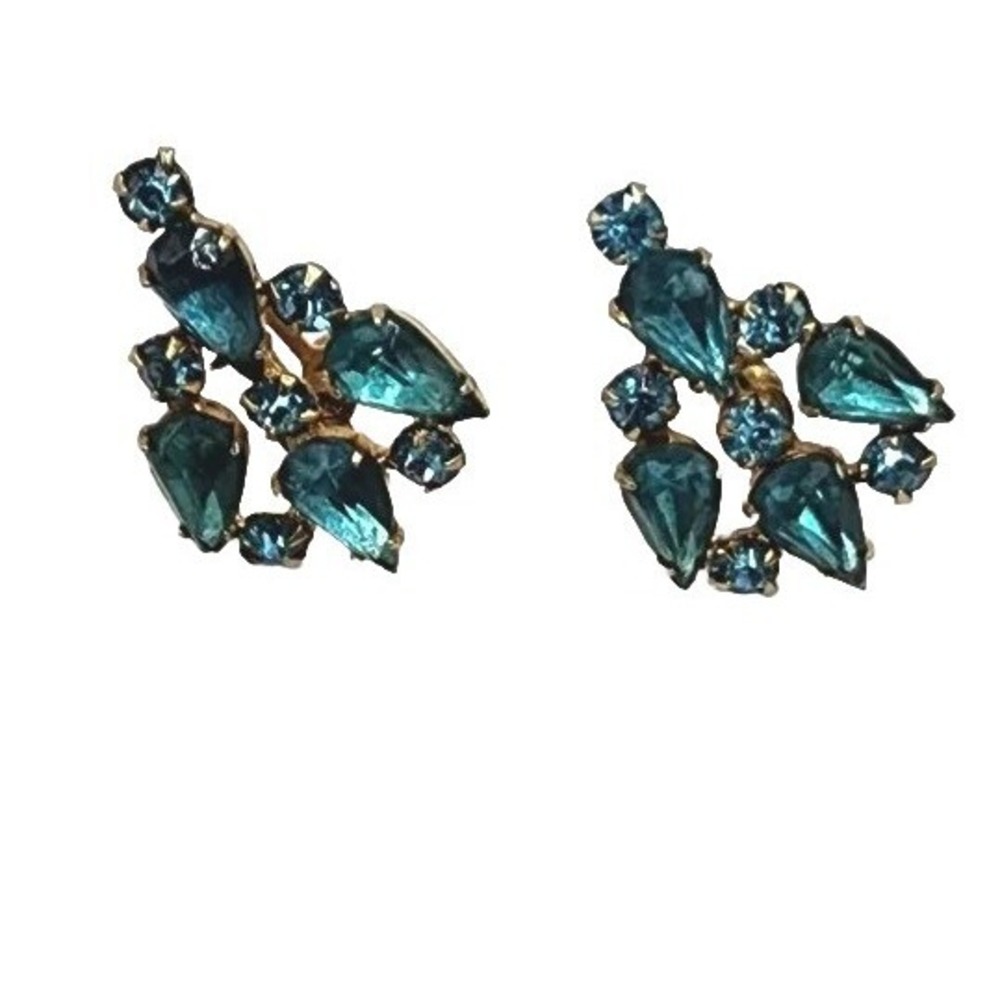 Vintage Aqua Blue Faceted Glass Rhinestone Gold Tone Screw Back Earrings Costume